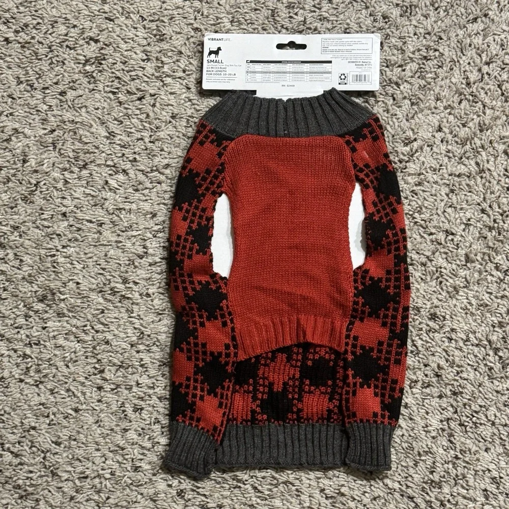 Vibrant‎ Life Dog Cat Buffalo Check Red Pet Sweater Sz SM 10-20Lb Fall Winter